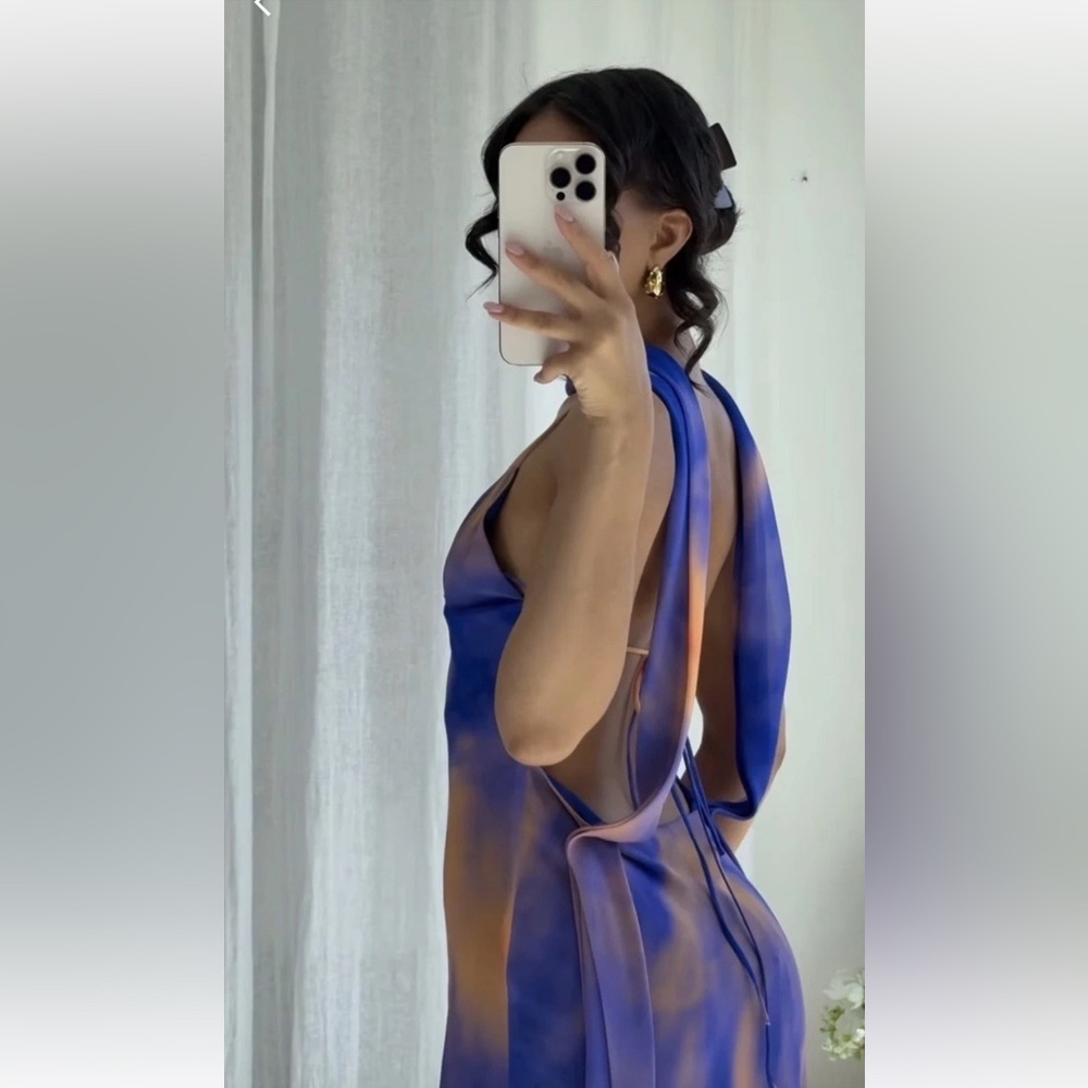 ZARA FOULARD PRINT TULLE LONG HALTER DRESS - Picture 2 of 10
